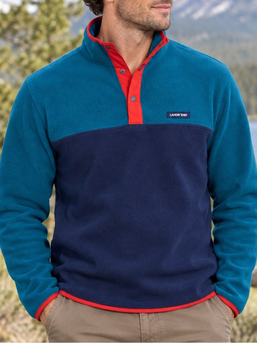 Lands End Erkek Heritage Fleece Snap Neck Pullover Sweatshirt XL Color Block